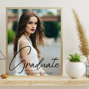 Chic Graduation Photo Black Script Overlay Party Poster