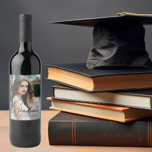 Chic Graduation Photo Black Script Overlay Party Wine Label