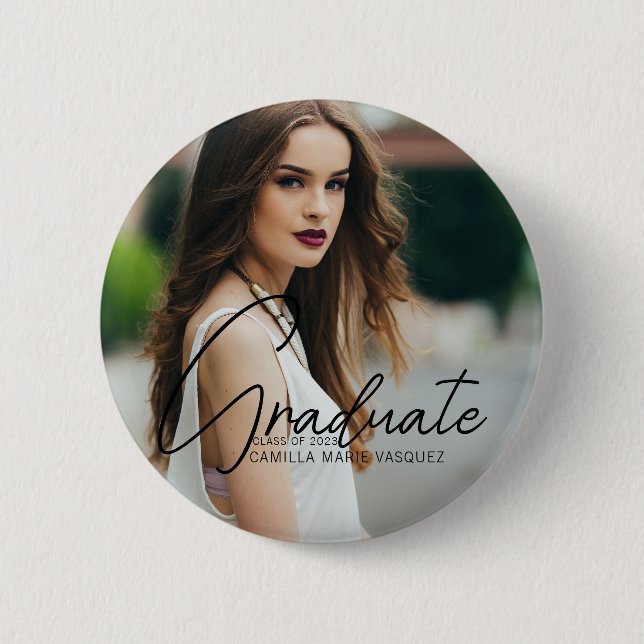 Chic Graduation Photo Handwritten Script Overlay 2 Inch Round Button (Front)