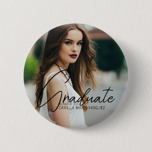Chic Graduation Photo Handwritten Script Overlay 2 Inch Round Button