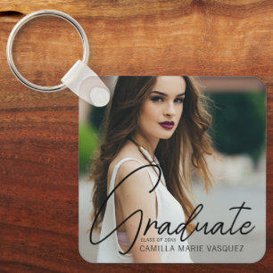 Chic Graduation Photo Handwritten Script Overlay Keychain