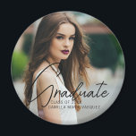 Chic Graduation Photo Handwritten Script Overlay Magnet<br><div class="desc">This chic graduation magnet features sophisticated handwritten black script over a trendy full photo of your graduate. Customize this modern grad keepsake with your grad year and name.</div>