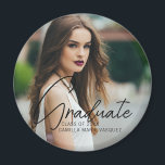 Chic Graduation Photo Handwritten Script Overlay Magnet<br><div class="desc">This chic graduation magnet features sophisticated handwritten black script over a trendy full photo of your graduate. Customize this modern grad keepsake with your grad year and name.</div>