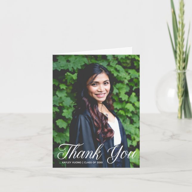 Chic Graduation Photo White Script Thank You Card (Front)