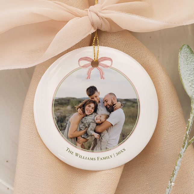 Chic Grandmillennial Coquette Christmas Round Ceramic Ornament (Creator Uploaded)