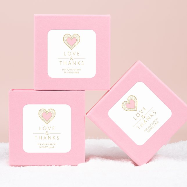 Chic Gratitude Light Pink Gold Heart Lace  Square Sticker (Chic Light Pink Fake Golden Heart Lace Effect Love & Thanks Supporting Small Business Square Sticker)