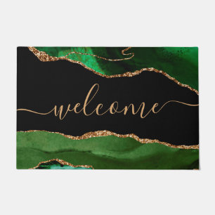 Chic Green Agate Gold Glitter Script Welcome Doormat