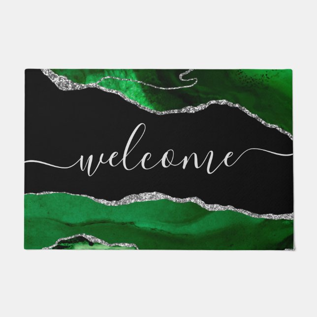 Chic Green Agate Silver Glitter Script Welcome Doormat (Front)