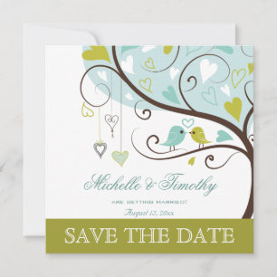 Chic green and blue love birds photo save the date invitation