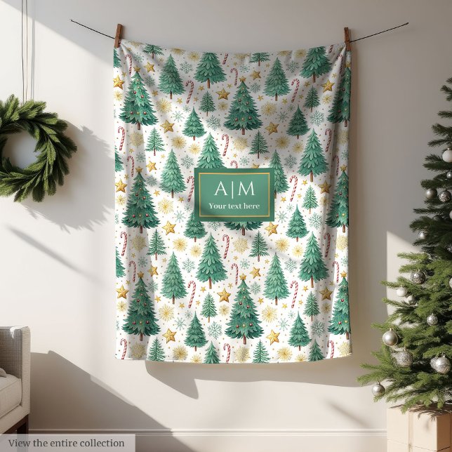 Chic green and gold watercolor Christmas trees Fleece Blanket (Chic green and gold watercolor Christmas trees Fleece Blanket)