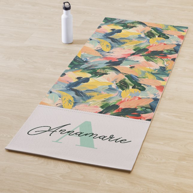 Chic Green and Pink Abstract Floral Name Monogram Yoga Mat (In Situ)