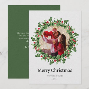 Chic Green and Red Floral Christmas Photo Holiday Card