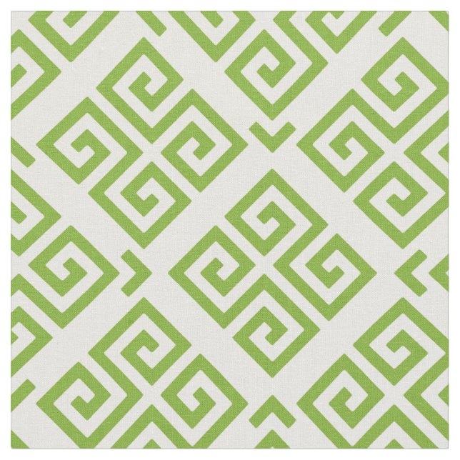 Chic green and white greek key geometric patterns fabric (Close Up)