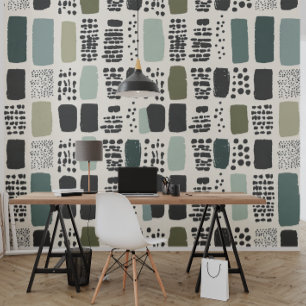 Chic Green, Beige and Black Pattern Wallpaper