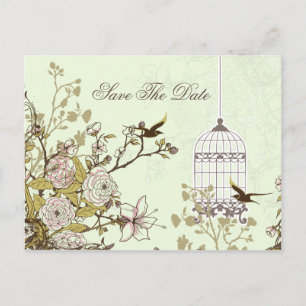 Chic green bird cage, love birds save the dates announcement postcard