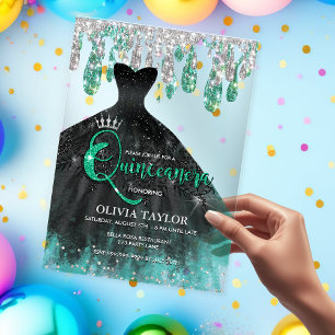Chic green black dress crystal drips Quinceanera  Acrylic Invitations