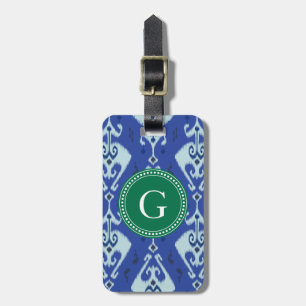 Chic green blue ikat tribal pattern monogram luggage tag