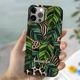 Chic Green Botanical Tropical Leopard Monogram iPhone 16 Case