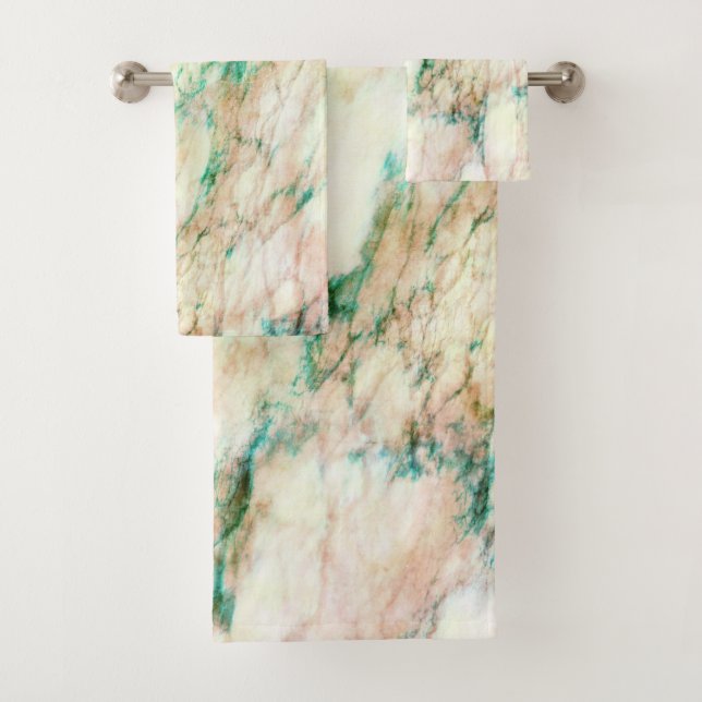 Chic Green Brown Cream Marble Pattern Bath Towel Set (Insitu)