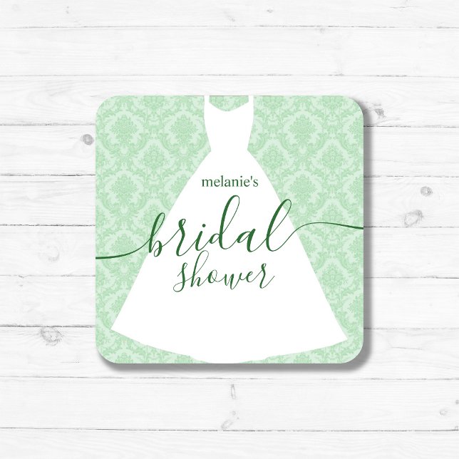 Chic Green Damask Wedding Gown Favour Square Sticker (Creator Uploaded)