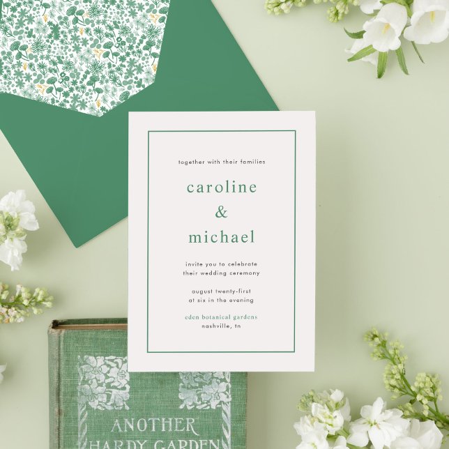 Chic Green Ditzy Floral Faire-part de mariage (Green and white ditzy floral garden chic wedding invitation.)
