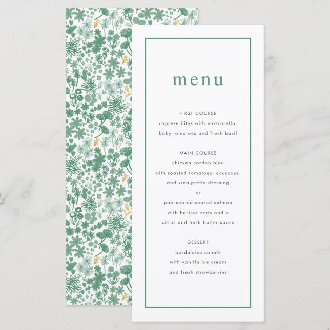 Chic Green Ditzy Floral Mariage Menu (Devant / Derrière)