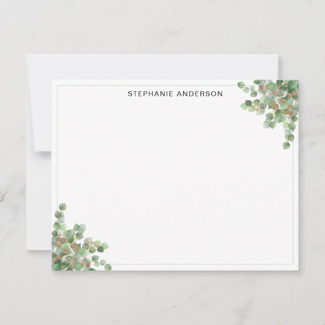 Chic Green Eucalyptus Gold Glitter Watercolor Card (Front)