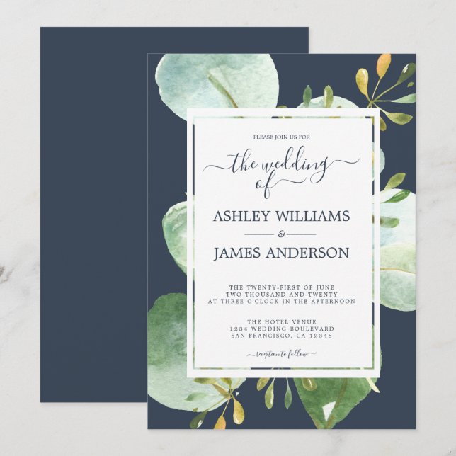 Chic Green Eucalyptus Navy Blue Botanical Wedding Invitation (Front/Back)