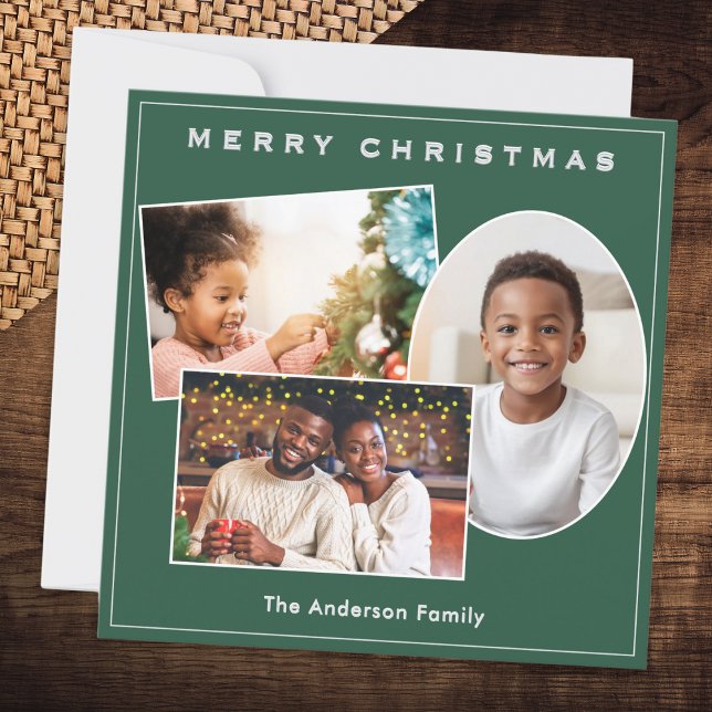 Chic Green & Faux Silver 3 Photos Custom Christmas Holiday Card (A stylish forest green Christmas card to customize with 3 photos and your name(s) or message)