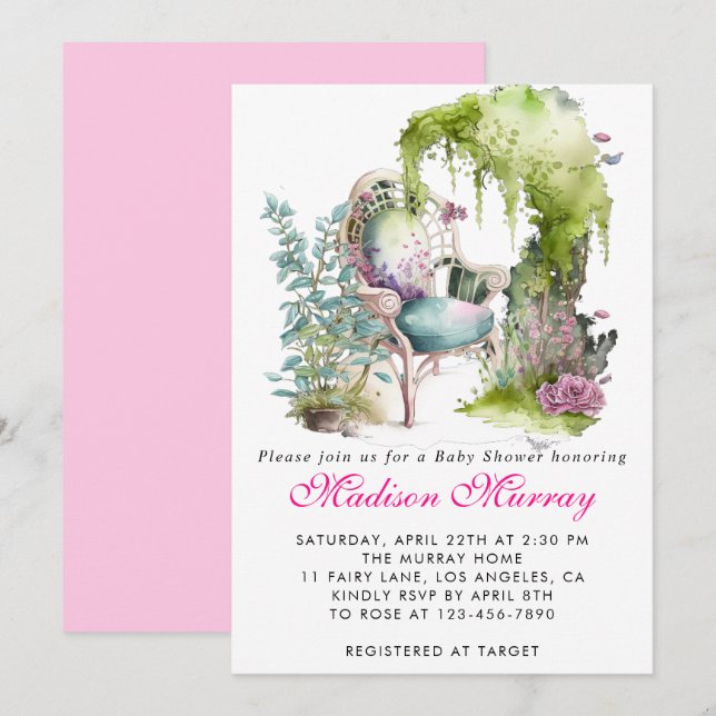 Chic Green Floral Flower Garden Chair Baby Shower Invitation (Front/Back)