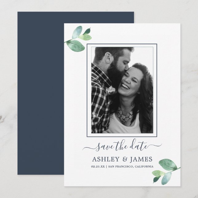 Chic Green Foliage Dark Blue Photo Save the Date Invitation (Front/Back)
