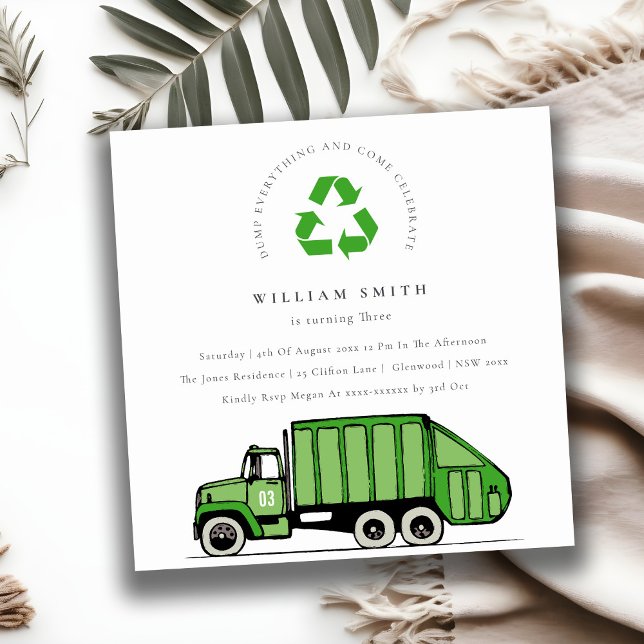 Chic Green Garbage Truck Kids Any Age Birthday Invitation (Creator Uploaded)