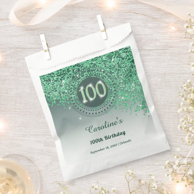 Chic Green Glitter & Dotted Frame 100th Birthday Favour Bag (Clipped)