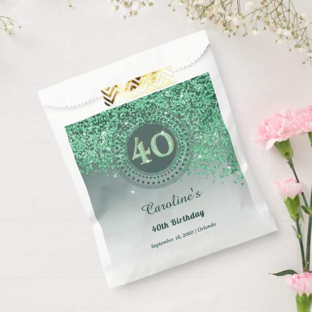 Chic Green Glitter & Dotted Frame 40th Birthday Favour Bag (Sealed)