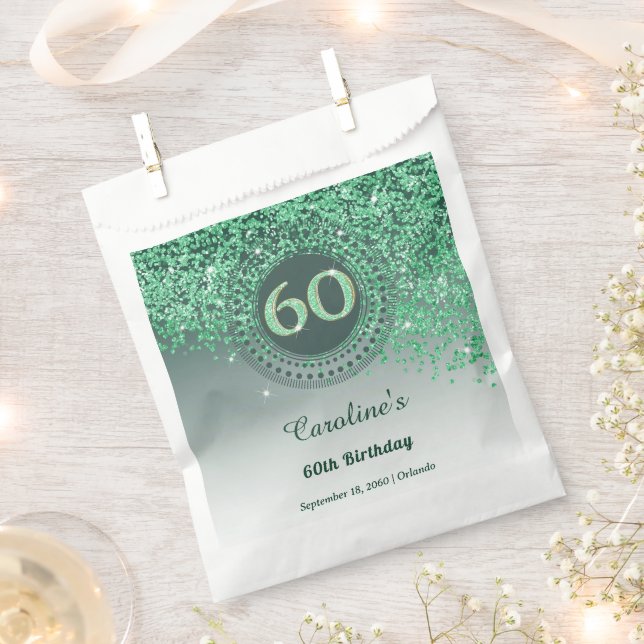 Chic Green Glitter & Dotted Frame 60th Birthday Favour Bag (Clipped)