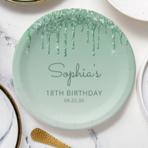 Chic Green Glitter Drip 18th Birthday Party Paper Plate