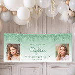 Chic Green Glitter Drip Two Photo 18th Birthday Banner<br><div class="desc">Welcome 18th birthday party guests with this chic, glamourous photo banner, featuring a sparkly green faux glitter drip border and green ombre background. Easily replace the two sample images with photos of the guest of honour. Personalize it with her name in green handwriting script, with the birthday and date in...</div>