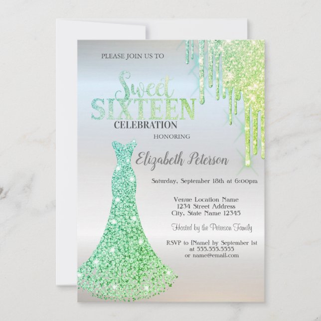 Chic Green Glitter Drips,Diamonds Dress Sweet 16   Invitation (Front)