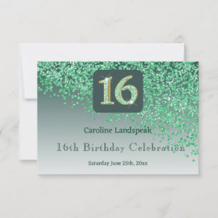 Chic Green Glitter, Sixteen Birthday RSVP Card