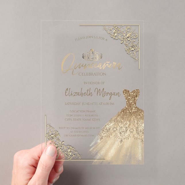 Chic Green Gold Dress Tiara,Diamonds Quinceañera Acrylic Invitations (Insitu (Handheld))