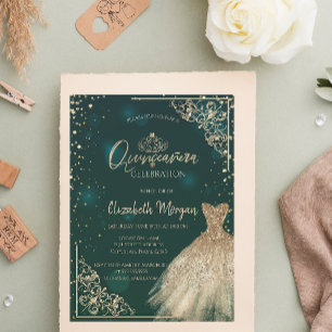 Chic Green Gold Dress Tiara,Diamonds Quinceañera Invitation