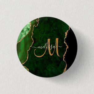 Chic Green Gold Glitter Agate Custom Monogram 1 Inch Round Button