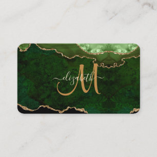 Chic Green Gold Glitter Agate Custom Monogram Business Card