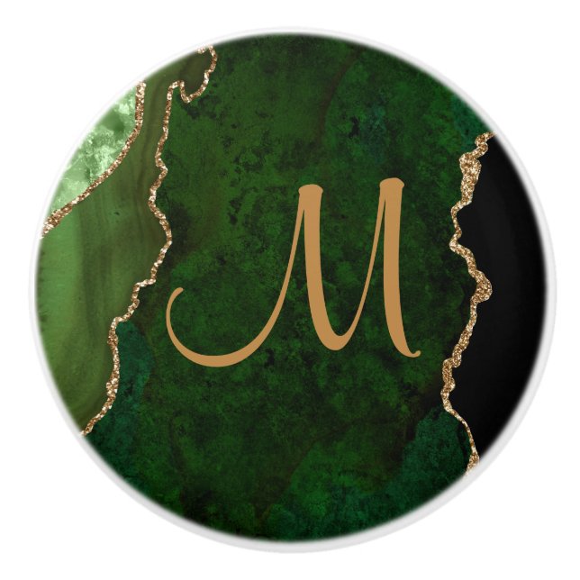 Chic Green Gold Glitter Agate Custom Monogram Ceramic Knob (Front)
