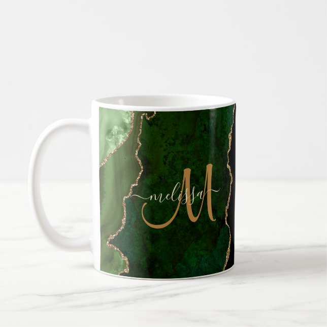 Chic Green Gold Glitter Agate Custom Monogram Coffee Mug (Left)