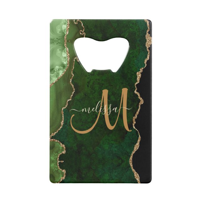 Chic Green Gold Glitter Agate Custom Monogram Credit Card Bottle Opener (Front)