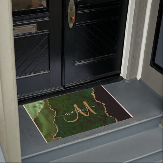 Chic Green Gold Glitter Agate Custom Monogram Doormat