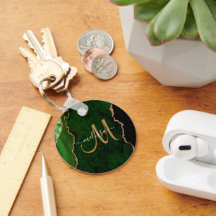 Chic Green Gold Glitter Agate Custom Monogram Keychain