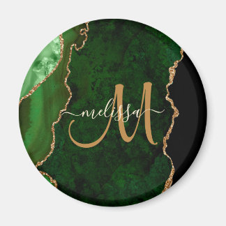 Chic Green Gold Glitter Agate Custom Monogram Magnet