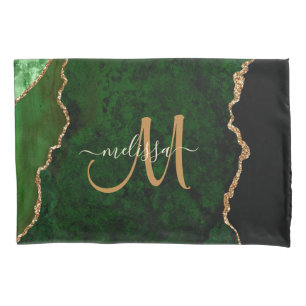 Chic Green Gold Glitter Agate Custom Monogram Pillowcase